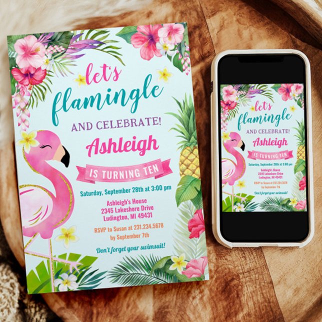 Tropical Summer 10th Birthday Invitation (Summer Tropical Flamingo 10th Birthday Invitation)