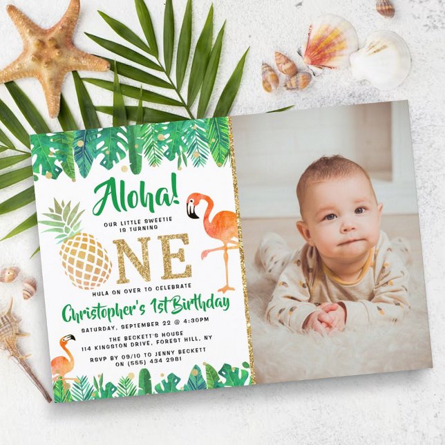 Tropical Summer Beach Luau Boys Photo 1st Birthday Invitation (Creator Uploaded)