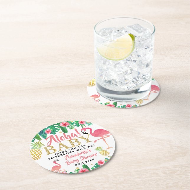 Tropical Summer Beach Luau Girls Baby Shower Round Paper Coaster (Insitu)