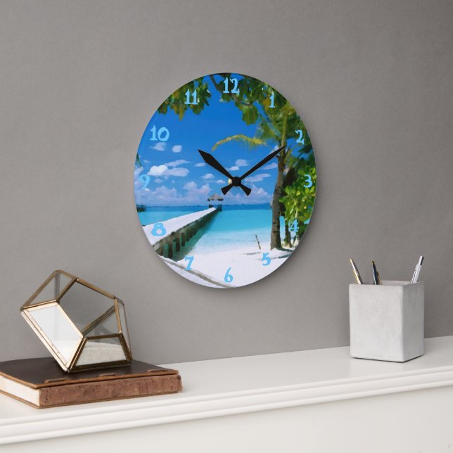 Tropical Summer Beach Ocean Watercolor Large Clock (Office)