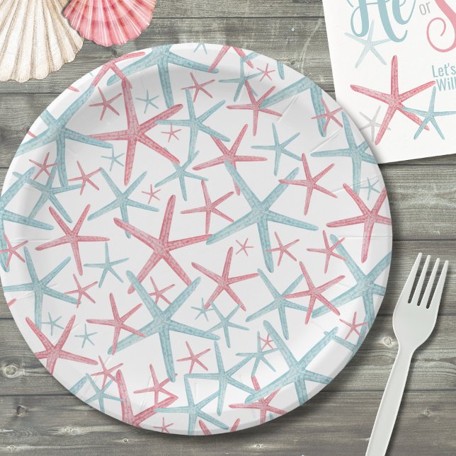 Tropical Summer Beach Party Paper Plate (Teal Pink Coastal Tropical Starfish Summer Beach Paper Plates)