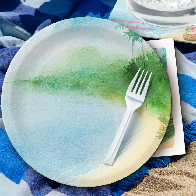 Tropical Summer Beach Watercolor Ocean Bay Paper Plate (Summer tropical beach theme party plates from my Baby on Board baby shower collection)