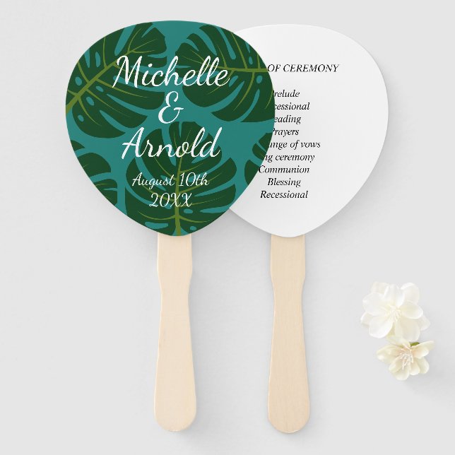 Tropical summer beach wedding ceremony program hand fan (Front and Back)