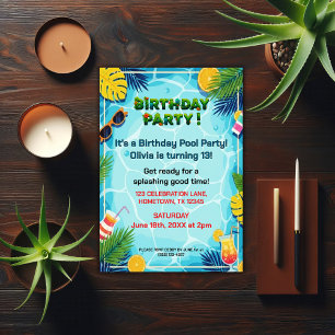 Tropical Summer Birthday Pool Party Invitation