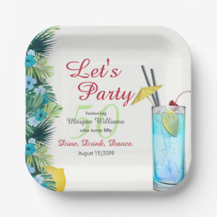 Tropical Summer Blue Cocktail 50th Birthday Party  Paper Plate