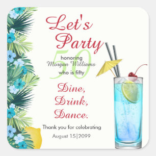 Tropical Summer Blue Cocktail 50th Birthday Party  Square Sticker
