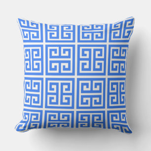 Tropical Summer Blue Greek Key Pattern Cushion