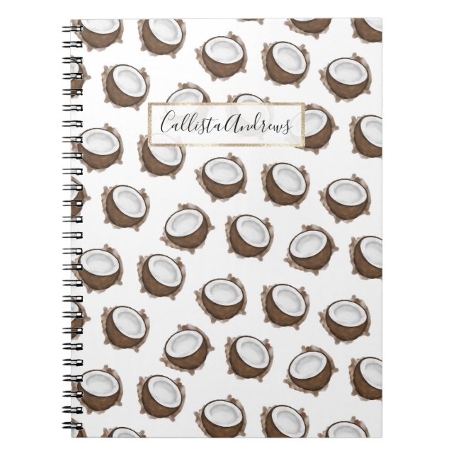 Tropical Summer Brown White Coconut Fruit Pattern Notebook (Front)
