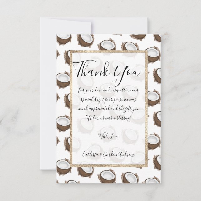 Tropical Summer Brown White Coconut Fruit Pattern Thank You Card (Front)