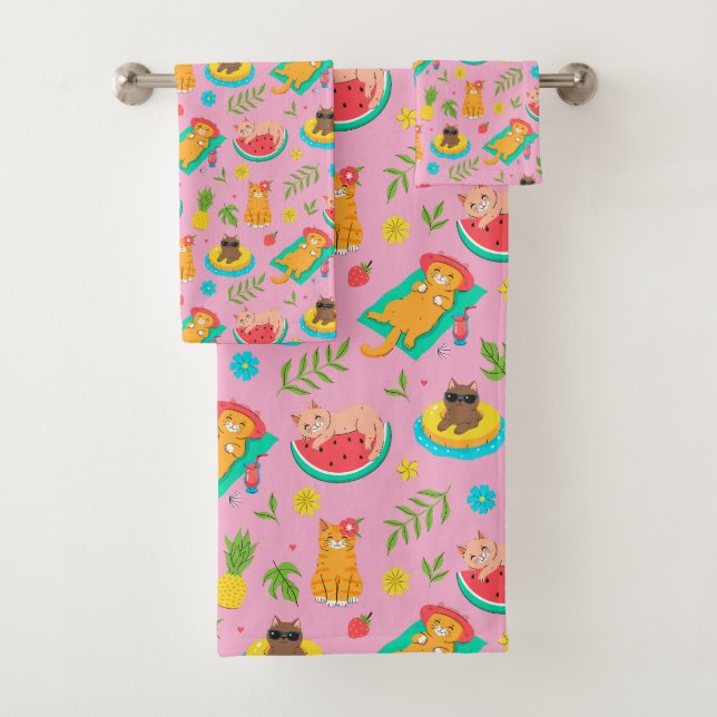 Tropical Summer Cats Bath Towel Set (Insitu)