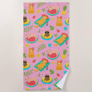 Tropical Summer Cats Beach Towel