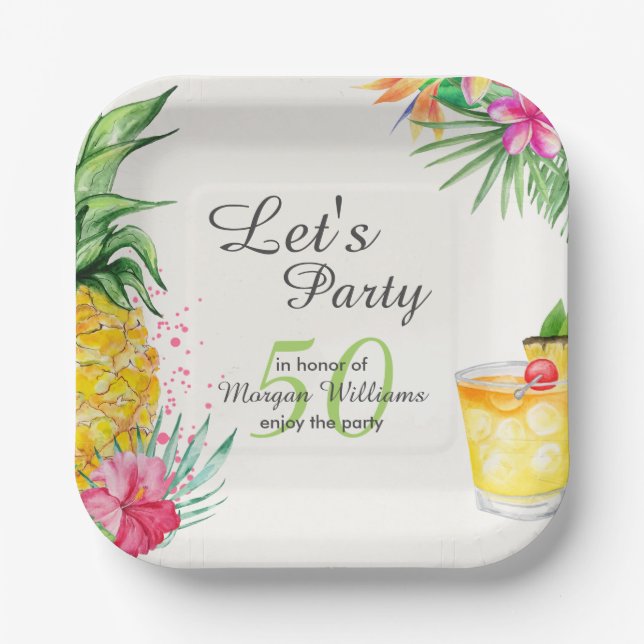 Tropical Summer Cocktail 50th Birthday Party Paper Plate (Front)