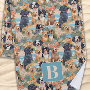 Tropical Summer Dogs Monogram Colourful Pattern  Beach Towel