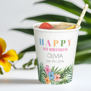 Tropical Summer Flamingo Girl Happy 1st Birthday Paper Cups