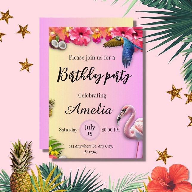 Tropical summer floral and pink flamingo birthday  invitation (Creator Uploaded)