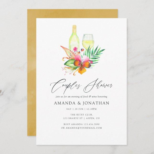 Tropical Summer Floral Couples Shower Wine Tasting Invitation (Front/Back)