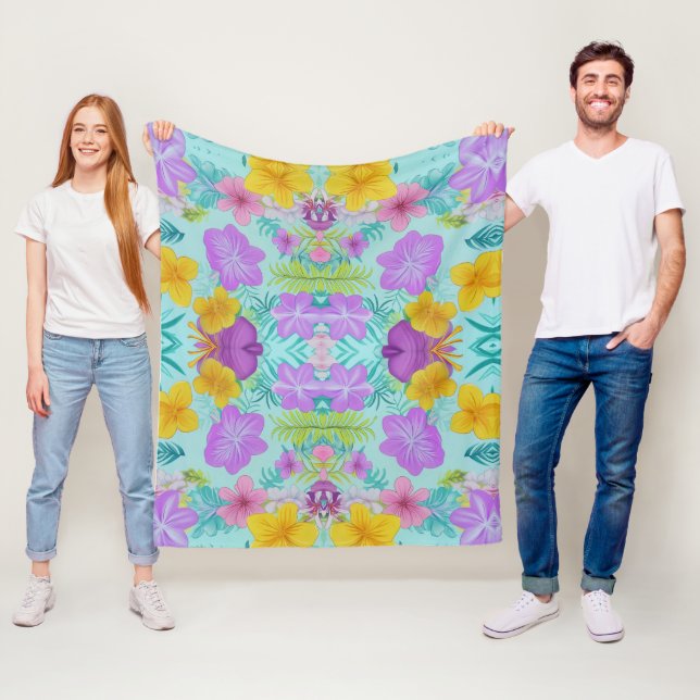Tropical Summer Floral Pattern - Bright Hibiscus  Fleece Blanket (In Situ)