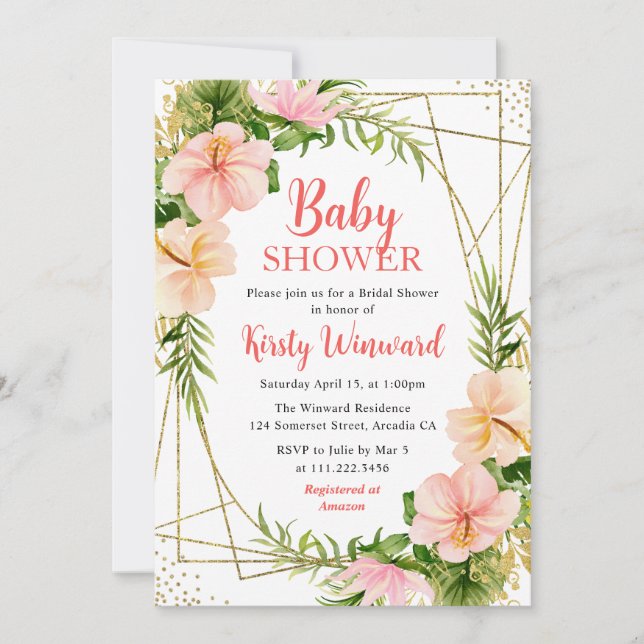 Tropical Summer Flowers & Gold Frame Baby Shower Invitation (Front)