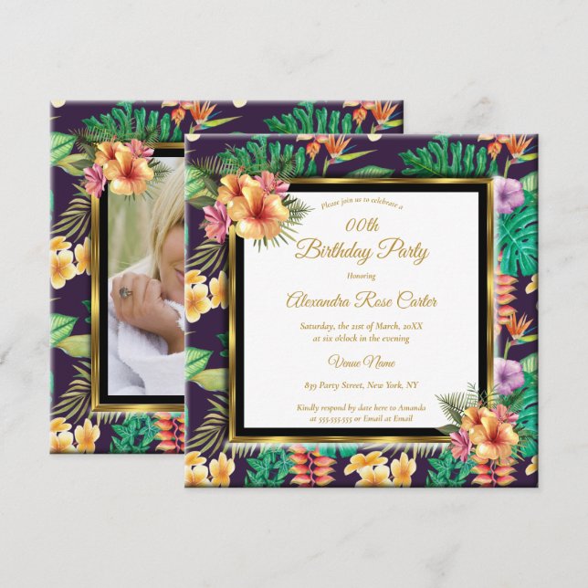Tropical Summer Flowers Gold Photo Birthday Party Invitation (Front/Back)