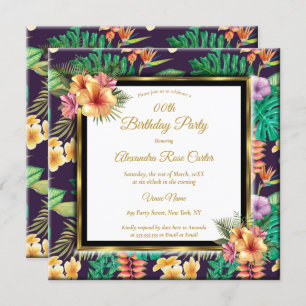 Tropical Summer Flowers Gold Photo Birthday Party Invitation