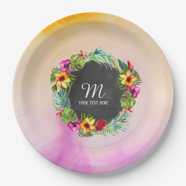 Tropical Summer Flowers Hibiscus Monogram Paper Plate (Front)