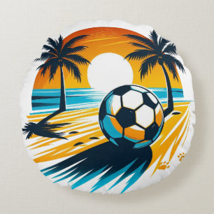 Tropical Summer Football Retro Beach Soccer Sunset Round Cushion