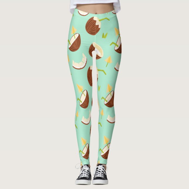 Tropical Summer Fruit Coconut Pattern Cute Summer Leggings (Front)