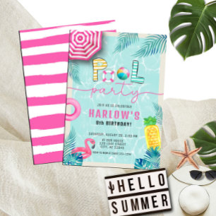 Tropical Summer Fun Girl's Pool Party Birthday Invitation