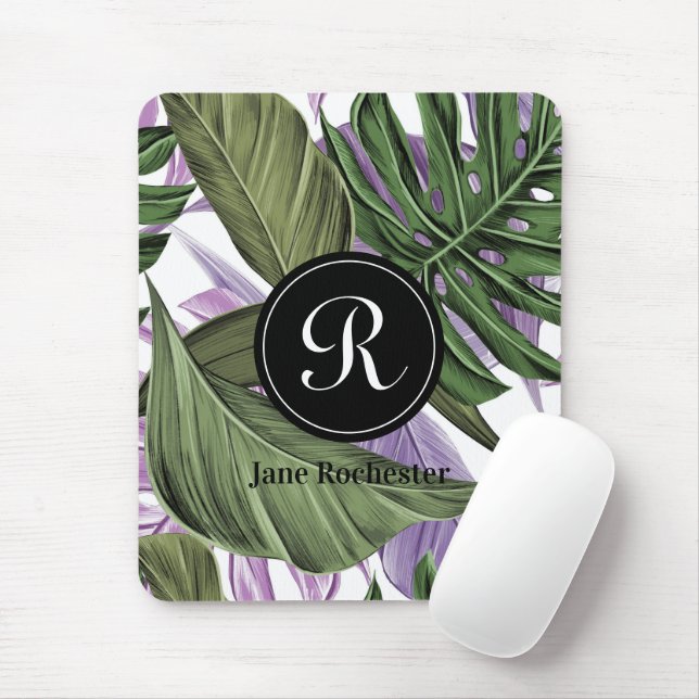Tropical Summer Green Purple Leaves Monogram Mouse Pad (With Mouse)