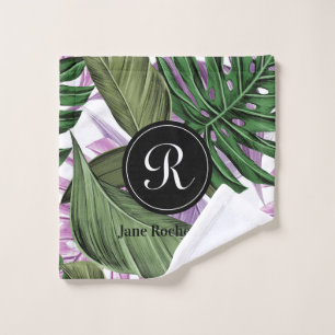Tropical Summer Green Purple Leaves Monogram Wash Cloth