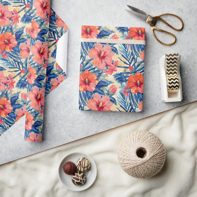Tropical Summer Hibiscus Flowers Pattern Floral Wrapping Paper (Crafts)