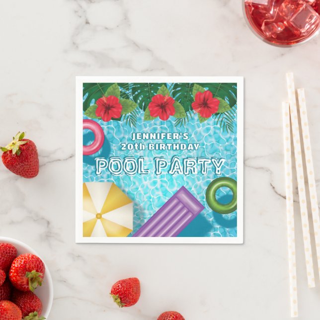 Tropical Summer Hibiscus Swimming Pool Birthday Napkin (Insitu)