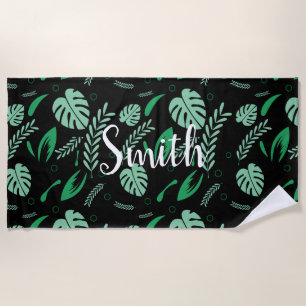 Tropical Summer Leaves-Custom White Name-Floral Beach Towel