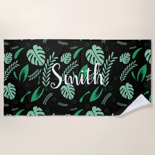 Tropical Summer Leaves-Custom White Name-Floral Beach Towel (Front)