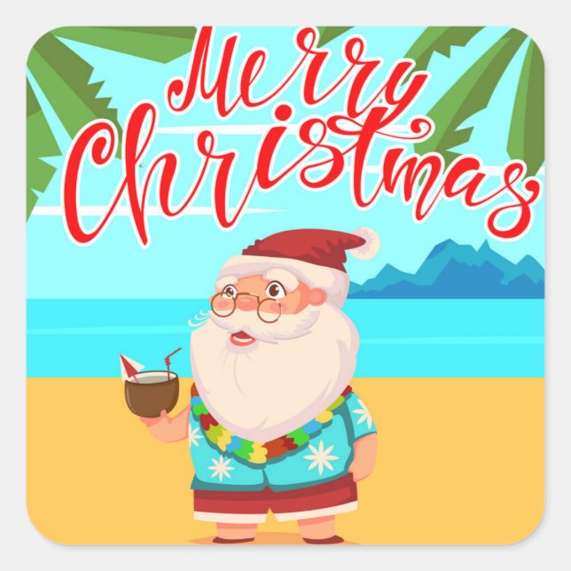Tropical Summer Merry Christmas Beach Santa Claus Square Sticker (Front)