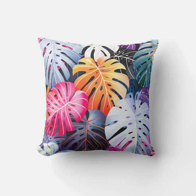 Tropical Summer Monstera Leaves Cushion (Front)