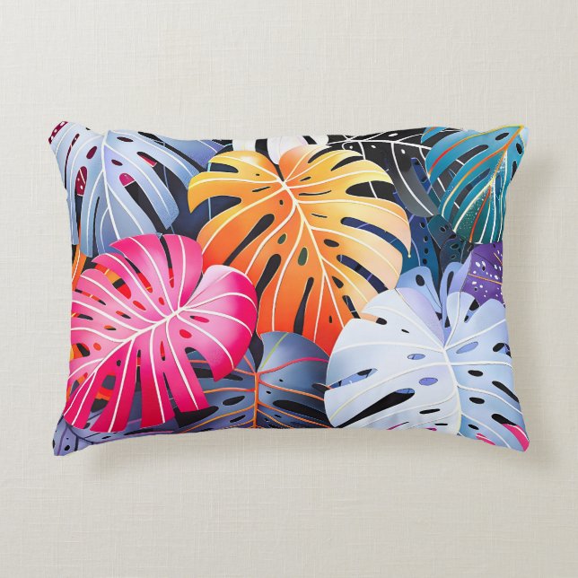 Tropical Summer Monstera Leaves Decorative Cushion (Front)