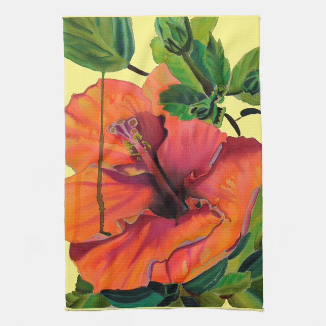 Tropical Summer orange hibiscus Tea Towel (Vertical)