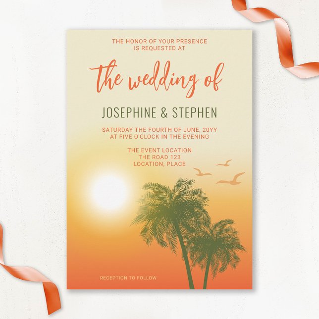 Tropical Summer Palm Trees Orange Sunset Wedding Invitation (Creator Uploaded)