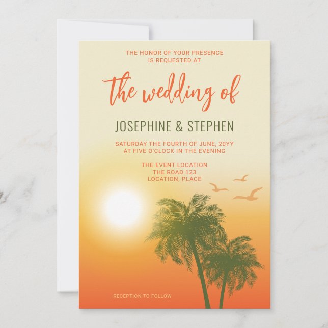 Tropical Summer Palm Trees Orange Sunset Wedding Invitation (Front)