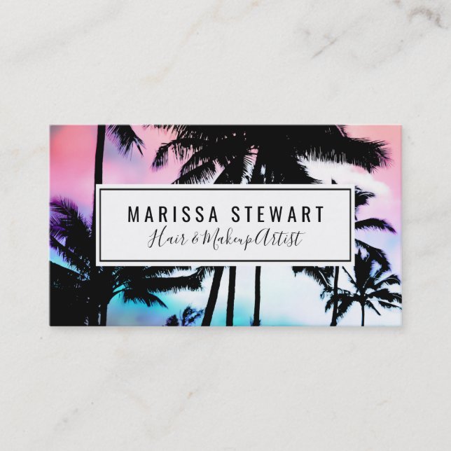 Tropical Summer Palm Trees Pink Blue Sunset Sky Business Card (Front)