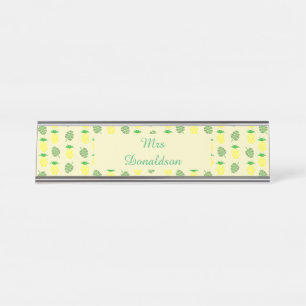 Tropical Summer Pineapple and Palm Leaves Pattern Desk Name Plate