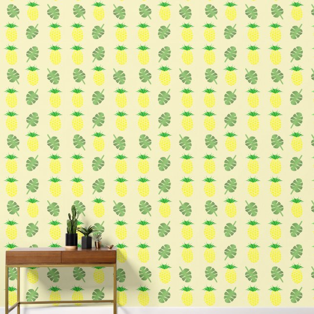Tropical Summer Pineapple and Palm Leaves Pattern Wallpaper (Hallway)