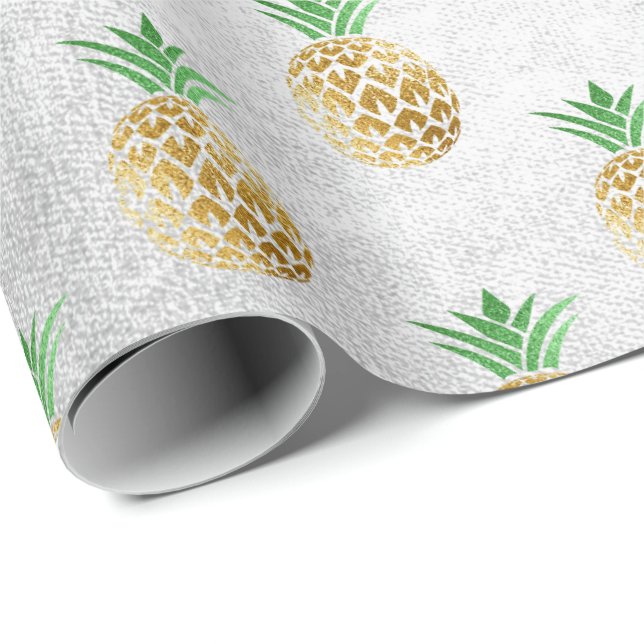 Tropical summer pineapple gold mint fruits grey wrapping paper (Roll Corner)