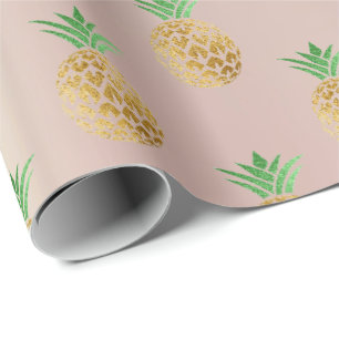 Tropical summer pineapple gold mint fruits pink wrapping paper