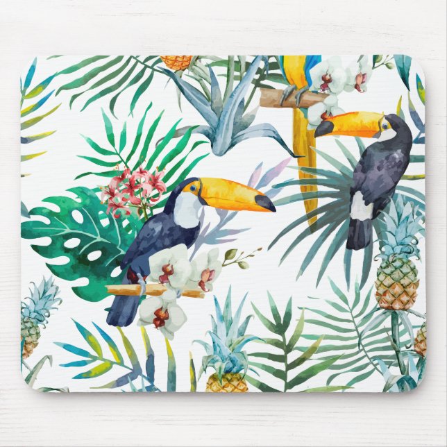 Tropical summer Pineapple Parrot Bird watercolor Mouse Pad (Front)