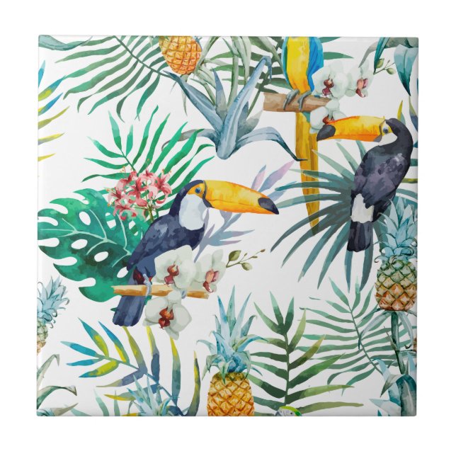 Tropical summer Pineapple Parrot Bird watercolor Tile (Front)