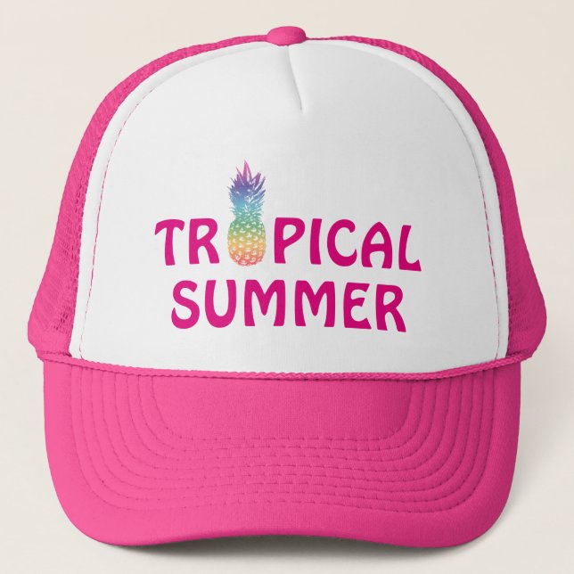 Tropical summer pineapple pink girl's trucker hat (Front)