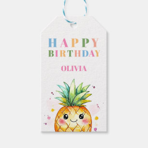 Tropical Summer Pineapple Pink Kids Birthday Party Gift Tags