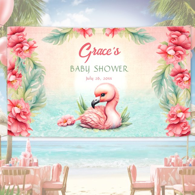 Tropical Summer Pink Flamingo Girl Baby Shower Banner (Tropical Summer Pink Flamingo Girl Baby Shower Banner)
